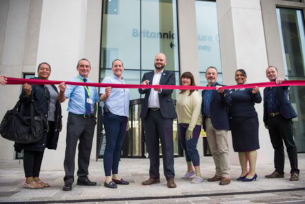 From L to R (Lisa, local resident and former lifeguard at the old Britannia, Mark Sesnan, GLL CEO, Katie Foulger, GLL Partnership Manager, Mayor Philip Glanville, local resident Prue, Cllr Chris Kennedy and Sera Terry, Britannia Centre Gene