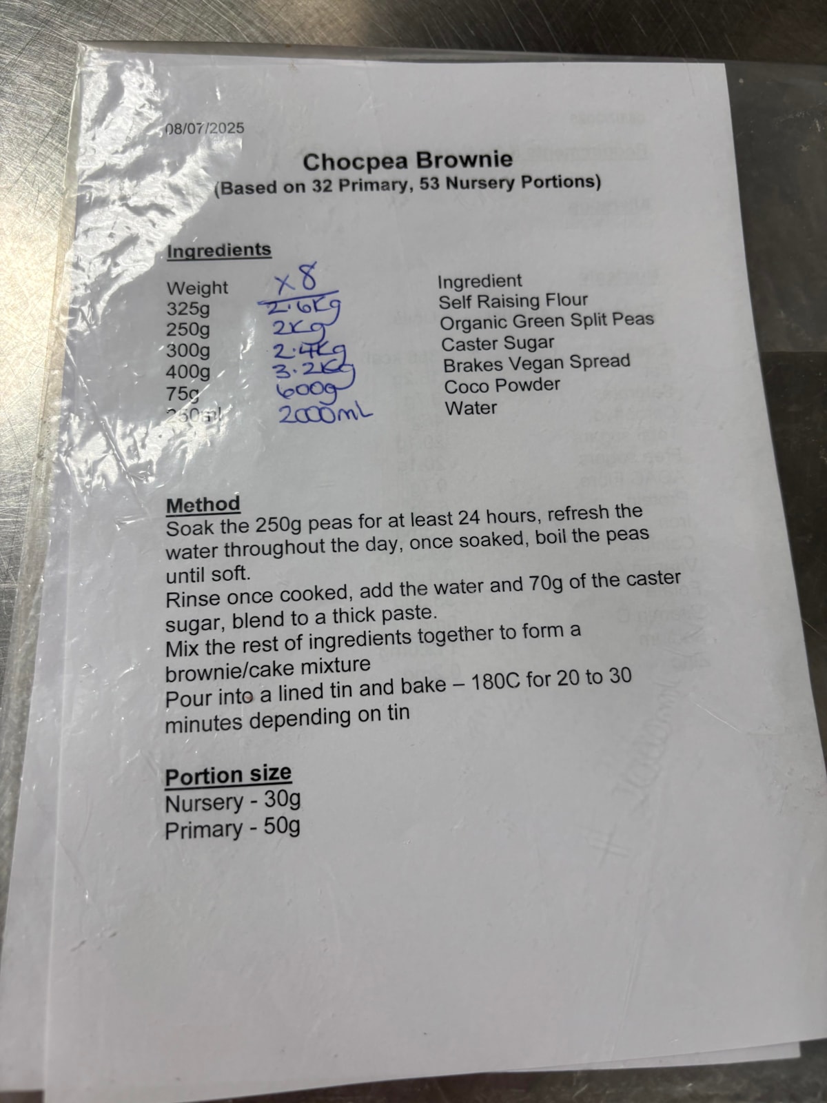 The recipe card for chocopea brownies