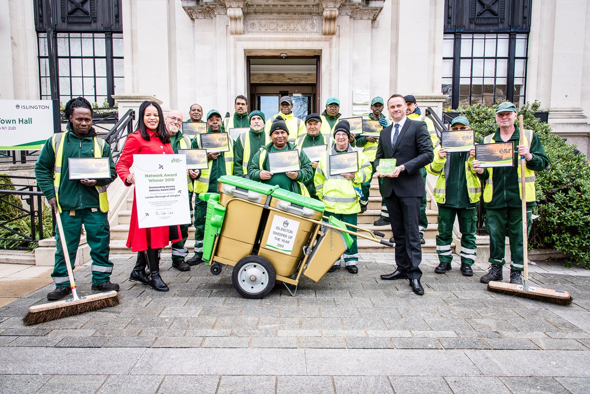 Islington street sweepers celebrate their achievement after Islington won Keep Britain Tidy's Outstanding Service Delivery 2019 award, with Cllr Claudia Webbe and Tony Ralph, head of Islington's street environment services