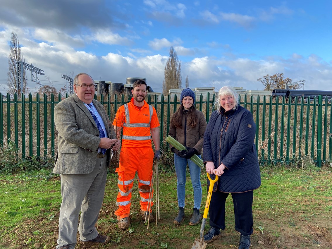 Over 1000 trees planted as Network Rail transforms former Northamptonshire work compound into wildlife haven: L to R - Cllr Clive Hallam; Hamish Critchell-Ward, Network Rail;  Cllr Harriet Pentland; Cllr Lora Lawman