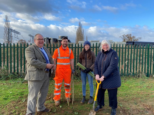 Over 1000 trees planted as Network Rail transforms former Northamptonshire work compound into wildlife haven: L to R - Cllr Clive Hallam; Hamish Critchell-Ward, Network Rail; Cllr Harriet Pentland; Cllr Lora Lawman