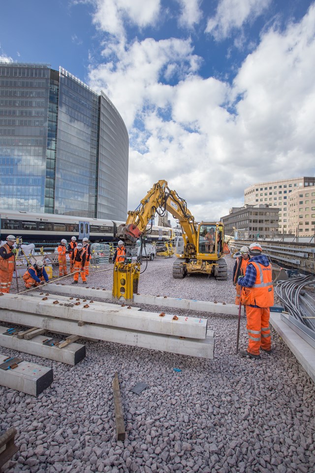 Sleepers lifted into place LBG: Sleepers lifted into place just outside platforms 1 and 2 at London Bridge station. These will form part of the new lines 1 and 2 due to be commissioned over the Easter weekend.