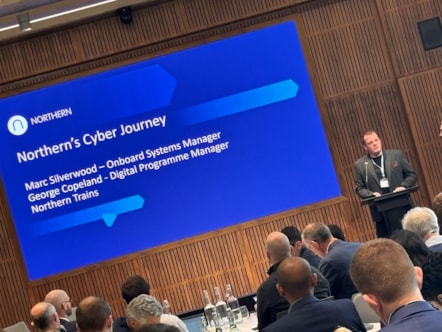 Image shows Marc Silverwood from Northern speaking at rail cyber resilience conference