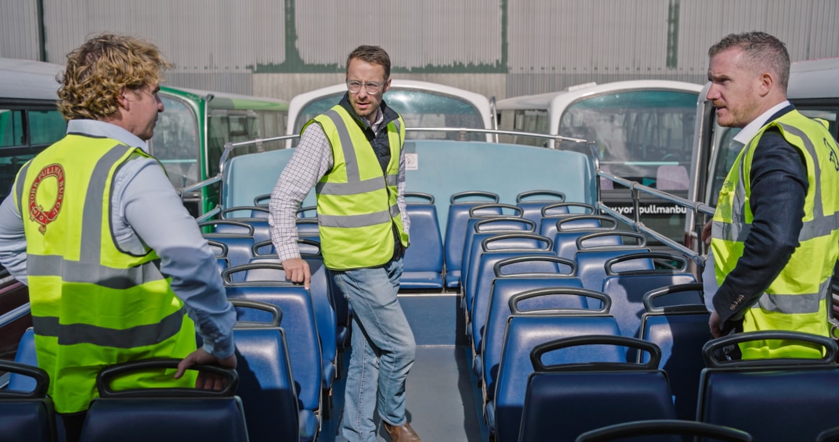 Joel Bradley, GM at York Pullman, Luke Charters MP, Gareth Davies, MD (Coaching) at First Bus