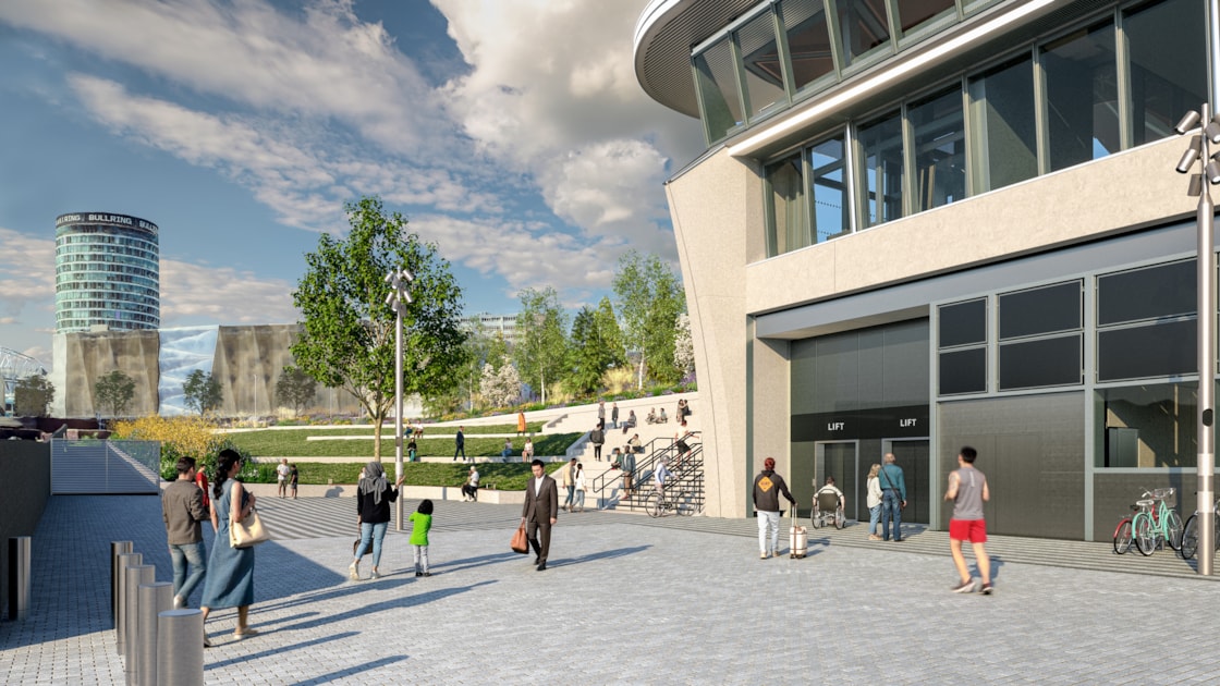 Visualisation showing the view from the Paternoster side of the front entrance to the new Curzon Street station