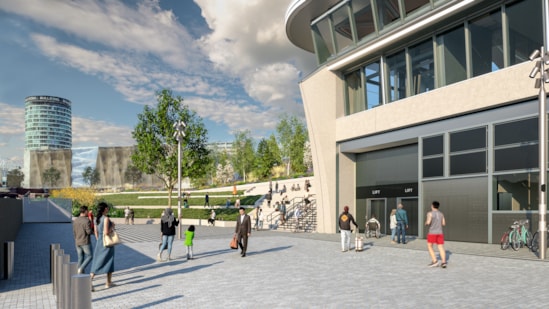 Visualisation showing the view from the Paternoster side of the front entrance to the new Curzon Street station