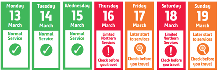 Image shows travel advice calendar graphic for 13-19 March 2023