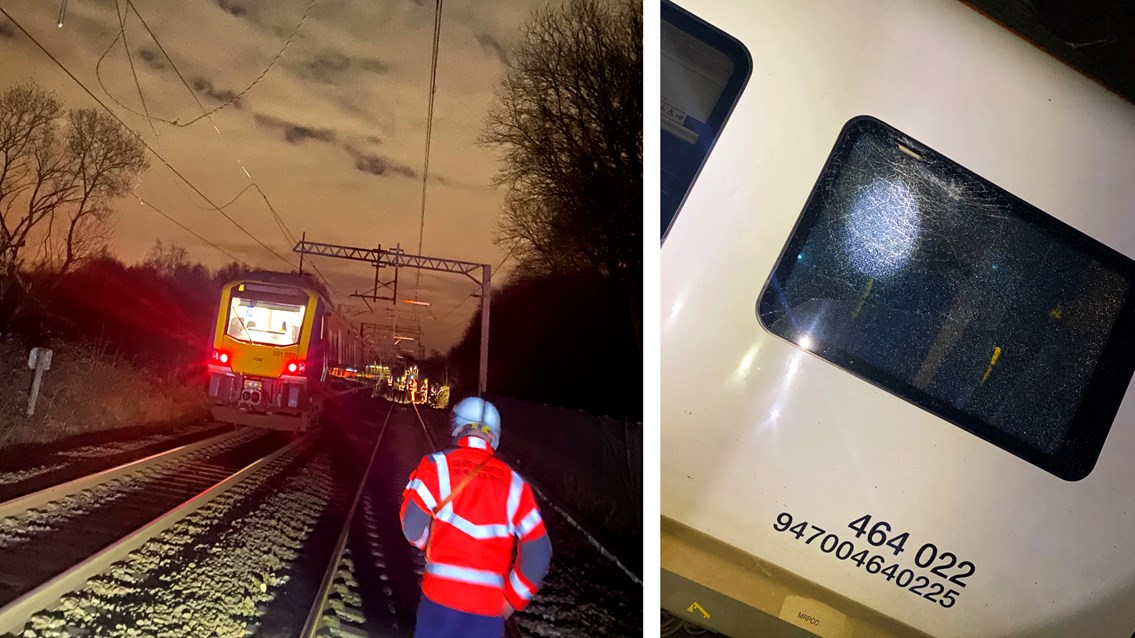 Northern service and railway damaged after vandals throw log at train: Log thrown into path of train at Farnworth Tunnel composite