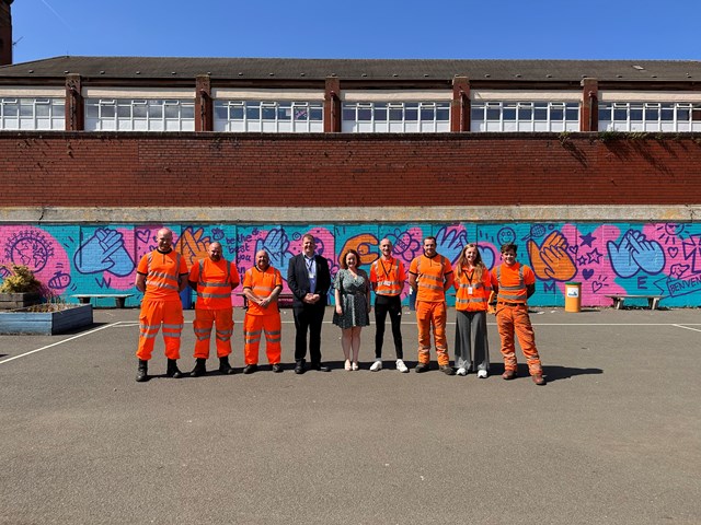 Network Rail gives St Roch’s Primary a makeover: St Roch's Primary - Network Rail staff with headteacher